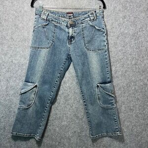 Y2K Women's Cargo Capri Jeans Size 7/8 Low Rise Distressed Pockets USA